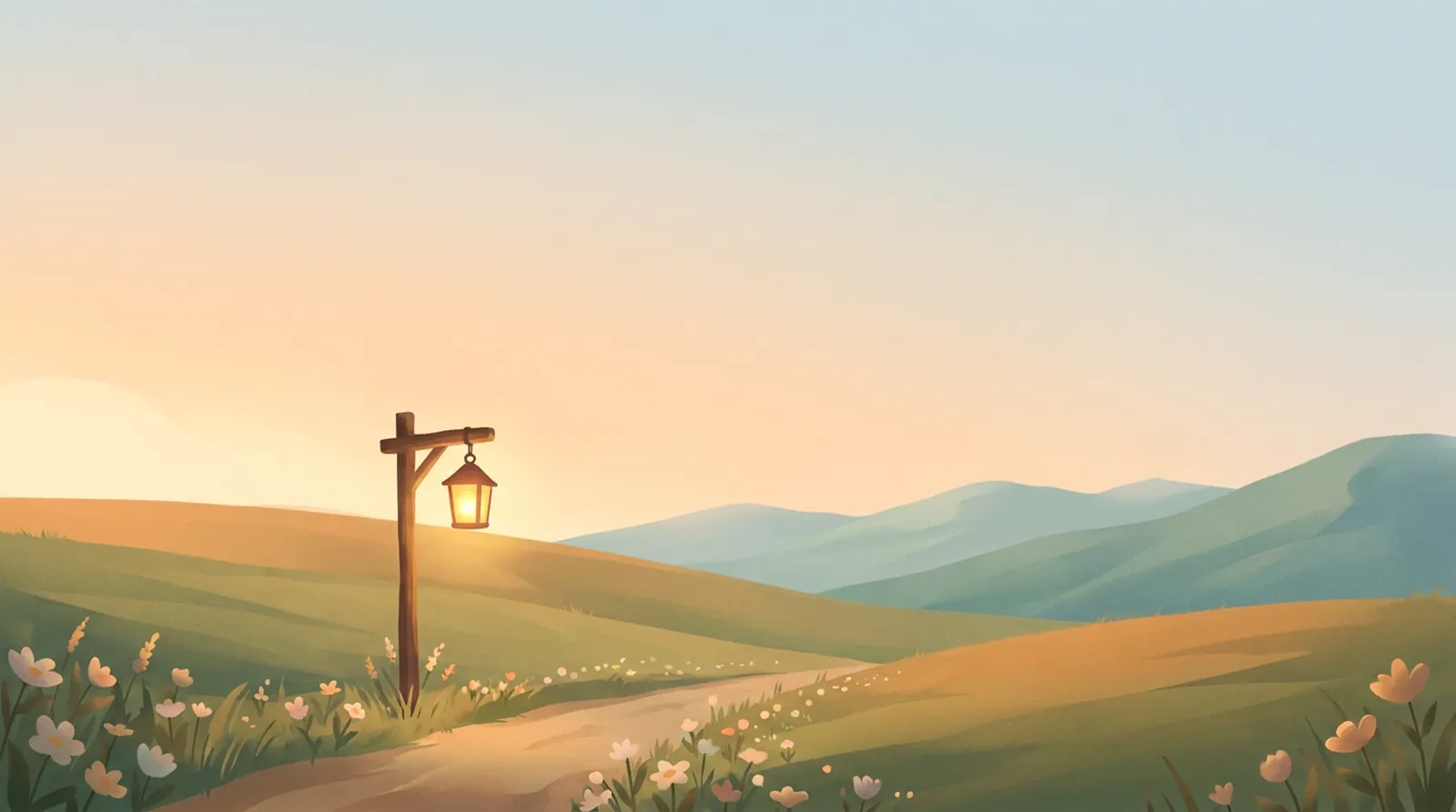 A lantern on a wooden post lighting a path through a meadow at golden hour.